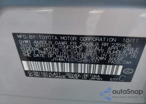 2012 Lexus Es 350 z USA, uszkodzony, nr VIN JTHBK1EG7C2481337